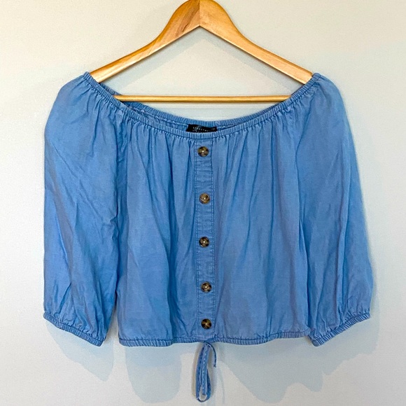 3/4 length off the shoulder denim crop top - Picture 1 of 3